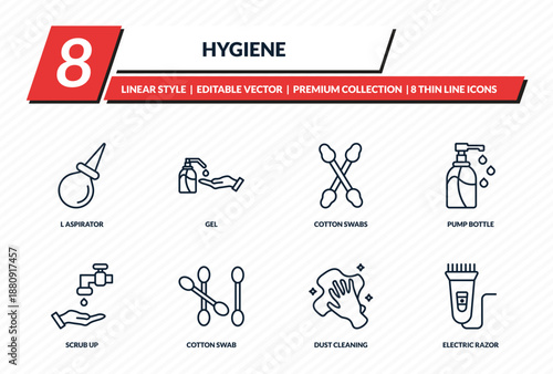 hygiene icons set - l aspirator, gel, cotton swabs, pump bottle, electric razor outline vector collection.
