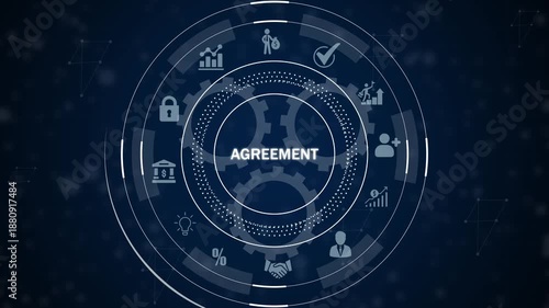 Digital agreement concept with financial and gears in futuristic H U D interface business technology