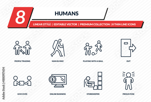 humans icons set - people trading, man in hike, playing with a ball, out, proud pose outline vector collection.