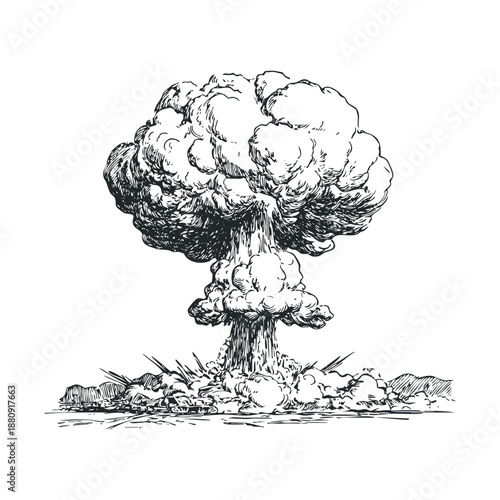 Nuclear explosion mushroom cloud illustration depicting a powerful blast with smoke and debris rising from the ground in a vintage engraving style.