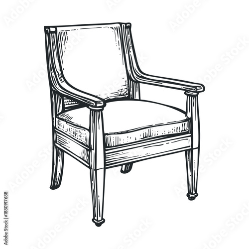 Elegant wooden armchair vintage hand drawn sketch illustration depicting a classic piece of furniture perfect for interior design concepts or decorative elements.