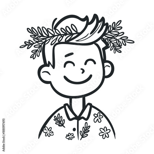 Happy young boy wearing a wreath smiles cheerfully, depicted in a charming and simple black and white line art illustration with a friendly expression.