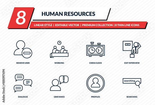 human resources icons set - remove user, working, chess clock, exit interview, searching outline vector collection.