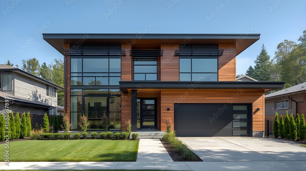 Obraz premium Modern luxury two-story house with large glass windows and black garage doors in sunny suburban neighborhood