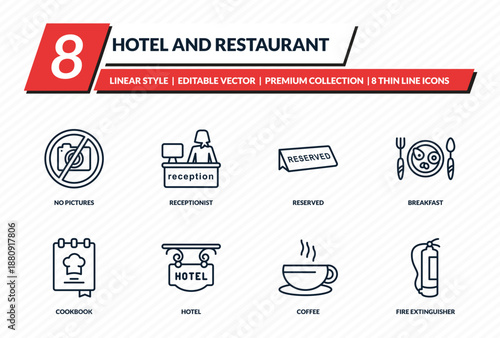 hotel and restaurant icons set - no pictures, receptionist, reserved, breakfast, fire extinguisher outline vector collection.