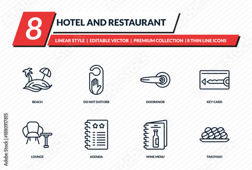 hotel and restaurant icons set - beach, do not disturb, doorknob, key card, takoyaki outline vector collection.