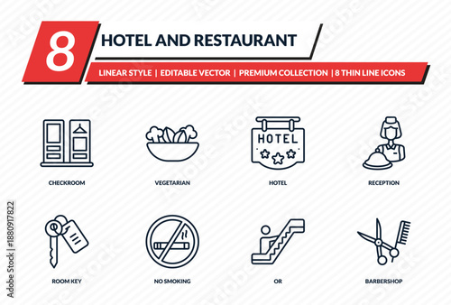 hotel and restaurant icons set - checkroom, vegetarian, hotel, reception, barbershop outline vector collection.