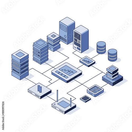 Isometric illustration of computer network infrastructure and devices.