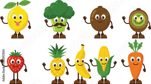 Cute Fruit and Vegetable Character Icon Set with Happy Food Mascots for Kids Education, Healthy Eating, Nutrition, and Cartoon Design