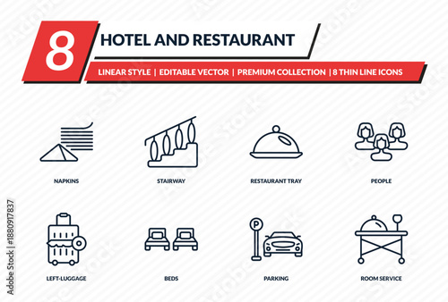 hotel and restaurant icons set - napkins, stairway, restaurant tray, people, room service outline vector collection.