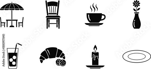 Professional cafe icon set featuring black silhouettes of outdoor seating, chair, coffee cup, flower vase, cold drink, croissant, and candle.
