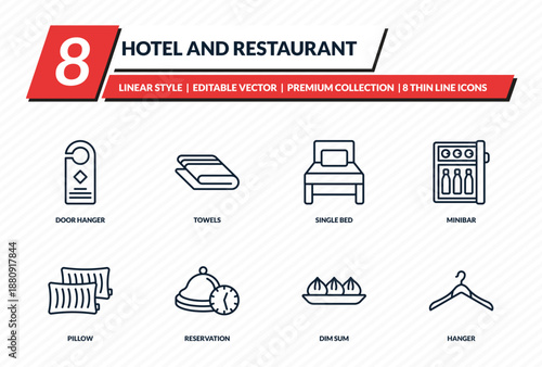 hotel and restaurant icons set - door hanger, towels, single bed, minibar, hanger outline vector collection.