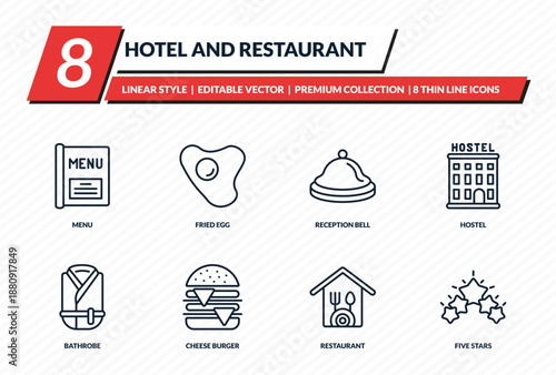 hotel and restaurant icons set - menu, fried egg, reception bell, hostel, five stars outline vector collection.
