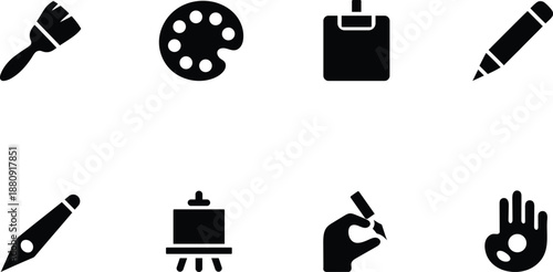 Collection of creative artistic tools and symbols including a paintbrush palette clipboard pencils easel and hand holding a pen isolated on transparent background