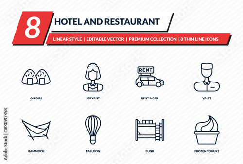 hotel and restaurant icons set - onigiri, servant, rent a car, valet, frozen yogurt outline vector collection.