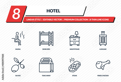 hotel icons set - sauna, bunk bed, nightstand, luggage, fried chicken outline vector collection.