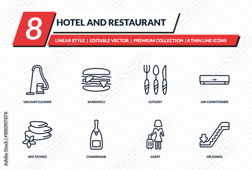 hotel and restaurant icons set - vacuum cleaner, sandwich, cutlery, air conditioner, or down outline vector collection.