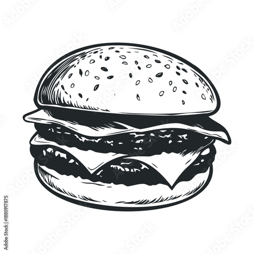 Delicious double cheeseburger illustration with two juicy patties and melted cheese, served on a sesame seed bun in a classic engraved style.