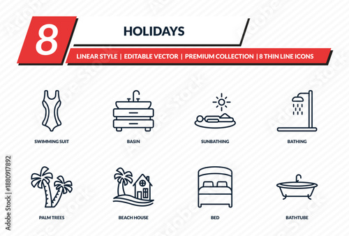 holidays icons set - swimming suit, basin, sunbathing, bathing, bathtube outline vector collection.