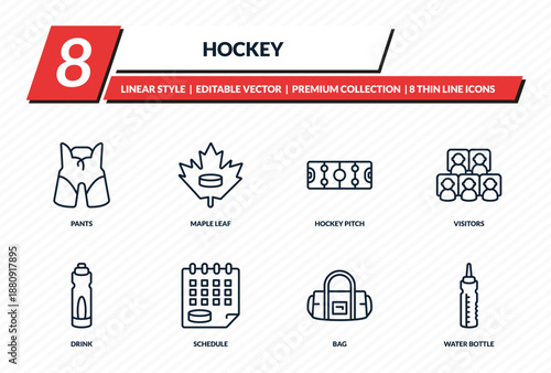 hockey icons set - pants, maple leaf, hockey pitch, visitors, water bottle outline vector collection.