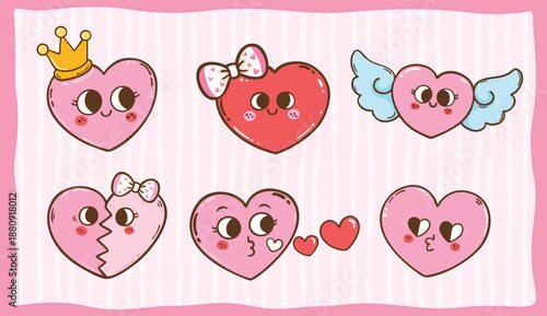 Cute Valentine Heart Set Element Cartoon Character Hand Drawn