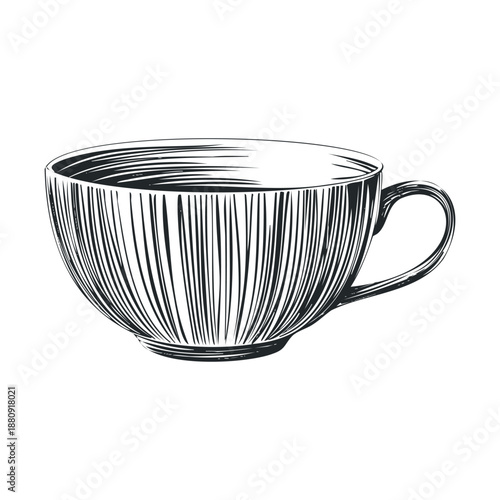 Elegant hand-drawn teacup illustration with intricate vertical lines creating a classic engraved style, perfect for beverage-related designs and vintage themes.