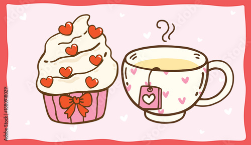 Hand Drawn Valentine's Day Teacup with Cupcake