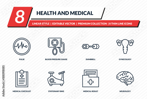 health and medical icons set - pulse, blood pressure gauge, dumbbell, gynecology, neurology outline vector collection.