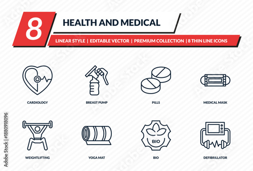health and medical icons set - cardiology, breast pump, pills, medical mask, defibrillator outline vector collection.