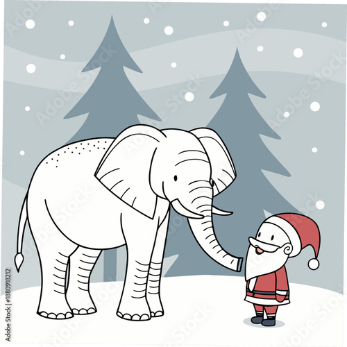 a white elephant and santa claus interact in a snowy scene with pine trees high quality professional detailed modern elegant