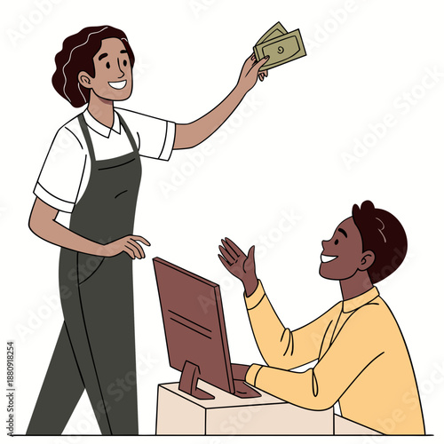 woman handing money to a happy man sitting at a computer terminal high quality professional detailed modern elegant stylish clean