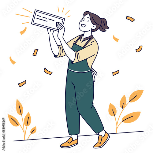 a woman happily holding up a large check surrounded by celebratory elements and plants high quality professional detailed modern elegant