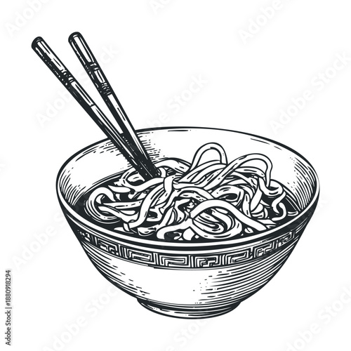 Bowl of noodles with chopsticks, a classic Asian culinary dish rendered in an intricate vintage engraving style, showcasing traditional food art.
