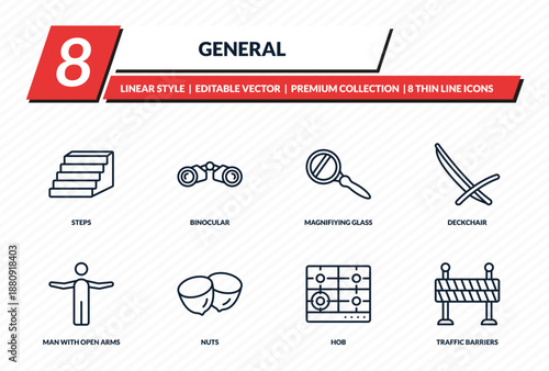 general icons set - steps, binocular, magnifiying glass, deckchair, traffic barriers outline vector collection.