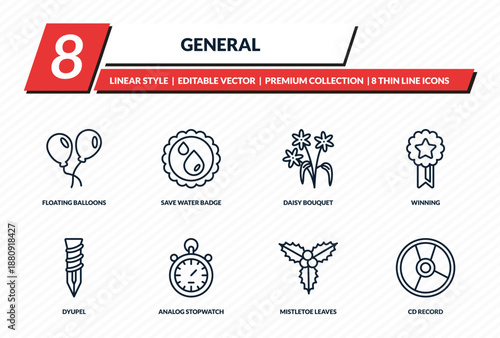 general icons set - floating balloons, save water badge, daisy bouquet, winning, cd record outline vector collection.
