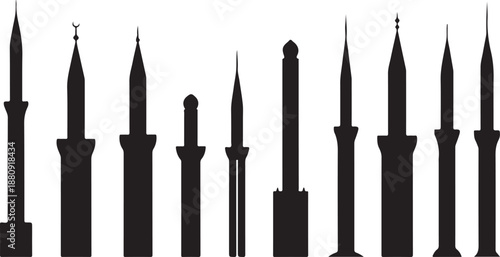 Mosque minarets and domes silhouette at dusk vector illustration, Islamic architecture flat design scalable graphic