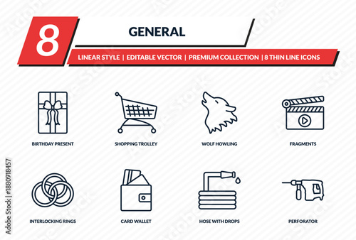 general icons set - birthday present, shopping trolley, wolf howling, fragments, perforator outline vector collection.