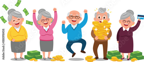 Happy Senior People Celebrating Wealth and Retirement Success Illustration with Money, Coins, Savings, and Financial Freedom Concept for Lifestyle Design