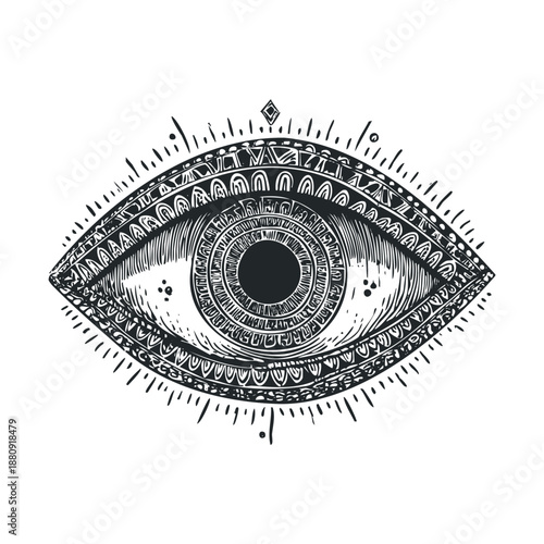 Mystical spiritual eye drawing with intricate patterns and symbolic elements, rendered in a detailed black and white engraving style, evoking ancient wisdom and intuition.