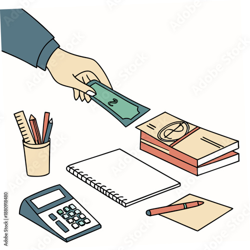 a hand holding money near school supplies and a calculator high quality professional detailed modern elegant stylish clean crisp vibrant