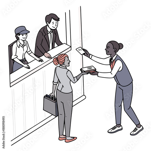 woman receiving documents from another woman at a bank or office counter with a man and another person in the background