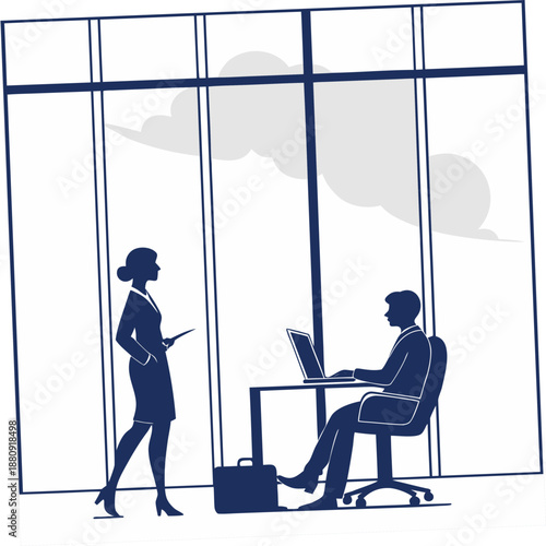 office scene with woman and man working on laptop at desk by window high quality professional detailed modern elegant stylish