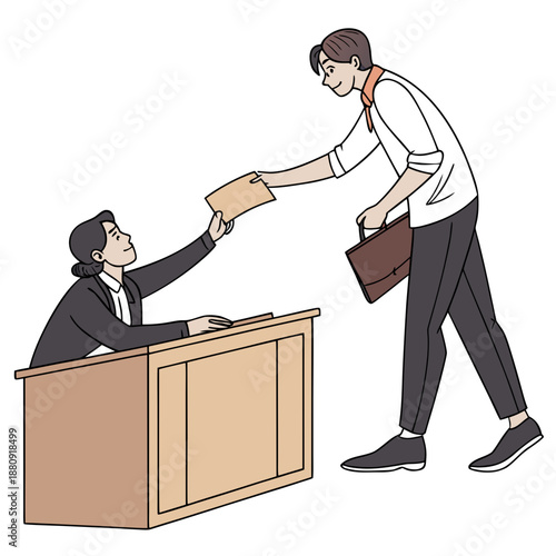 a man in a suit sitting at a desk receiving a paper from another man high quality professional detailed modern