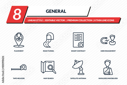 general icons set - placement, road tunnel, smart contract, user engagement, shoulder immobilizer outline vector collection.