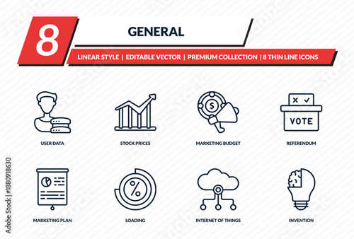 general icons set - user data, stock prices, marketing budget, referendum, invention outline vector collection.