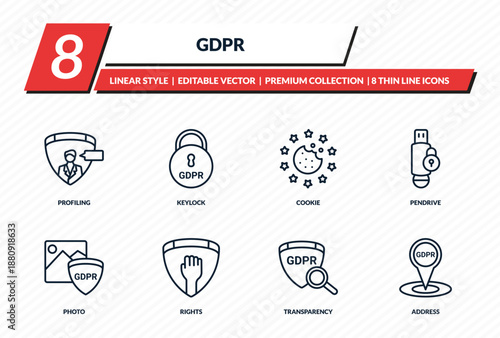gdpr icons set - profiling, keylock, cookie, pendrive, address outline vector collection.