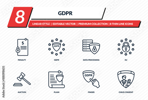 gdpr icons set - penalty, gdpr, data processing, eu, child consent outline vector collection.