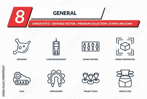 general icons set - organism, laser measurement, sound control, model preparation, weight loss outline vector collection.