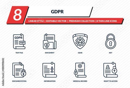 gdpr icons set - text file, document, gear, key, right to access outline vector collection.
