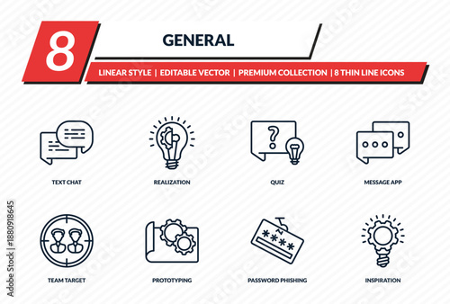 general icons set - text chat, realization, quiz, message app, inspiration outline vector collection.